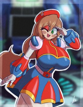 1girl armor belt beret border breasts dress eyeshadow green_eyes hat huge_breasts indoors iris_(mega_man) long_hair mega_man_(series) mega_man_x4 mega_man_x_(series) miks381 multicolored_dress one_eye_closed open_mouth outline ponytail red_eyeshadow red_hat salute signature smile solo very_long_hair white_belt white_outline