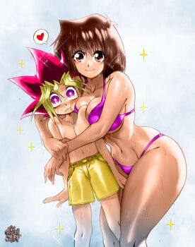 1boy 1girl @_@ alternate_breast_size armpit_crease arms_around_waist ass bare_shoulders bikini blonde_hair blush breasts brown_eyes brown_hair cheek-to-breast cleavage collarbone feet_out_of_frame flustered heart height_difference hetero hug huge_ass large_breasts male_swimwear mazaki_anzu midriff multicolored_hair muto_yugi navel panties pink_hair purple_bikini purple_eyes purple_panties short_hair short_male signature size_difference skindentation smile sparkle sparkle_background spiked_hair spoken_heart stomach swim_trunks swimsuit tall_female tall_female_short_male taller_female the_golden_smurf thick_thighs thighs touching_another&#039;s_crotch underwear wet wet_clothes wet_face wet_hair wet_swimsuit wide_hips yellow_male_swimwear yellow_swim_trunks yu-gi-oh!