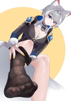 1girl absurdres anima_miko animal_ear_fluff animal_ears black_socks blue_eyes bow braid breasts cat_ears cat_girl cat_tail cipher_(honkai:_star_rail) cleavage commentary_request feet foot_focus foreshortening grey_hair hair_bow highres honkai:_star_rail honkai_(series) leotard medium_breasts mole mole_on_breast presenting_foot socks solo tail toes white_streaks yellow_nails