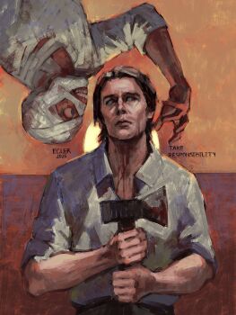 2boys axe bandaged_head bandaged_neck bandages black_hair bleeding blood blood_on_neck bloodshot_eyes bloody_weapon clenched_hand collared_shirt curly_(mouthwashing) curly_(pre-crash)_(mouthwashing) ecler_ecler english_text highres holding holding_axe hospital_gown jimmy_(mouthwashing) looking_at_hand male_focus mouthwashing mullet multiple_boys painterly reaching reaching_towards_another red_eyes shirt skinned sleeves_rolled_up upside-down weapon white_shirt