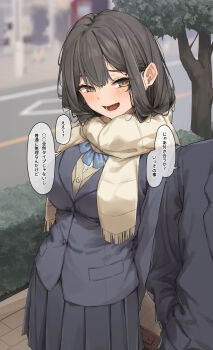 Rule 34 | 1boy, 1girl, arms behind back, bag, blue jacket, blue skirt, blurry, blurry background, blush, breasts, brown eyes, brown hair, brown scarf, brown sweater, censored, censored text, commentary request, day, depth of field, highres, holding, holding bag, jacket, large breasts, long sleeves, open mouth, original, outdoors, paid reward available, papino, scarf, school uniform, shirt, sidewalk, skirt, smile, solo focus, speech bubble, sweater, translation request, tree, white shirt