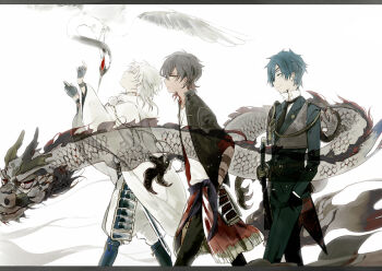 3boys armor bird black_boots black_necktie boots commentary_request crane_(animal) dark_skin dragon japanese_armor jewelry male_focus multiple_boys necklace necktie ookurikara shirt shokudaikiri_mitsutada short_hair smile suou_(sdurorhr) touken_ranbu tsurumaru_kuninaga walking white_hair white_shirt yellow_eyes