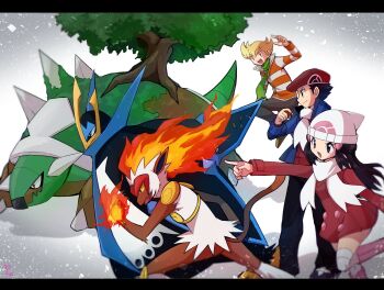 1girl 2boys arm_up barry_(pokemon) beanie beret bird black_eyes black_hair black_pants blonde_hair blue_coat boots coat commentary_request dawn_(pokemon) empoleon fiery_hair gen_4_pokemon green_scarf grey_pants hair_ornament hairclip hat highres holding holding_poke_ball infernape jumping long_hair long_sleeves lucas_(pokemon) monkey multiple_boys nintendo open_clothes open_coat open_mouth orange_eyes orange_shirt over-kneehighs pants penguin pink_boots pointing poke_ball poke_ball_(basic) pokemon pokemon_(creature) pokemon_dppt pokemon_platinum red_coat red_hat red_shirt sawarabi_(sawarabi725) scarf shirt short_hair sidelocks striped_clothes striped_shirt thighhighs torterra tree turtle white_hat white_scarf white_thighhighs