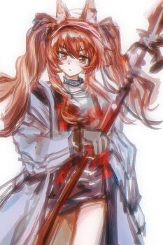 1girl absurdres angelina_(arknights) animal_ears arknights black_collar black_gloves black_shirt black_shorts brown_eyes brown_hair coat collar cowboy_shot dot_nose earpiece fox_ears fox_girl gloves hair_between_eyes hairband highres holding holding_staff infection_monitor_(arknights) jacket light_particles long_hair long_sleeves multicolored_hairband open_clothes open_coat open_jacket parted_lips red_hairband red_jacket shirt short_shorts shorts simple_background solo square_eyes staff striped_clothes striped_hairband twintails two-tone_hairband white_background white_coat xiankelai158