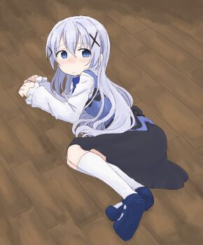Rule 34 | 1girl, black skirt, blue bow, blue bowtie, blue eyes, blue shoes, blue vest, blush, bowtie, brown background, closed mouth, embarrassed, female focus, frilled sleeves, frills, gochuumon wa usagi desu ka?, grey hair, hair between eyes, hair ornament, hands up, kafuu chino, kneehighs, long hair, long sleeves, looking back, lying, nose blush, on floor, on side, own hands together, ponnu (tnpn2yw), raised eyebrows, shirt, shoes, sidelocks, skirt, socks, solo, vest, white shirt, white socks, wooden floor, x hair ornament