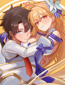 Rule 34 | 0nineo9, 1boy, 1girl, absurdres, archetype earth, archetype earth (third ascension), arcueid brunestud, bare shoulders, blonde hair, blue eyes, blue gloves, blush, breasts, brown hair, carrying, cleavage, commentary, detached collar, detached sleeves, dress, english commentary, fate/grand order, fate (series), flower, fujimaru ritsuka (male), gloves, grin, hair flower, hair ornament, highres, jewelry, large breasts, long hair, looking at viewer, princess carry, red eyes, ring, short hair, smile, very long hair, wedding ring, white dress
