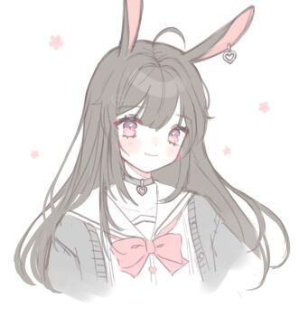 Rule 34 | 1girl, absurdres, ahoge, animal ears, black cardigan, black choker, bow, bowtie, brown hair, cardigan, choker, closed mouth, commentary, cropped torso, double-parted bangs, earrings, english commentary, heart, heart earrings, highres, jewelry, loltinami, long hair, multicolored eyes, muted color, open cardigan, open clothes, pink bow, pink bowtie, pink eyes, rabbit ears, rabbit girl, sailor collar, sailor shirt, school uniform, self-portrait, shirt, simple background, single earring, smile, solo, tinami (vtuber), two-tone eyes, vdonburi, virtual youtuber, white background, white sailor collar, white shirt