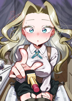 1girl absurdres applying_makeup black_garter_straps black_skirt black_thighhighs blonde_hair blue_eyes blush box breasts cardboard_box commentary cosmetics curtained_hair eiai_nano flustered forehead garter_straps hand_on_own_thigh highres holding holding_lipstick_tube indoors kimi_no_koto_ga_dai_dai_dai_dai_daisuki_na_100-nin_no_kanojo kyabetsu_devil large_breasts lipstick_tube long_hair long_sleeves looking_at_viewer makeup_brush nose_blush ohananomitsu_high_school_uniform open_mouth pleated_skirt pointing pointing_at_viewer school_uniform seiza shirt sitting skirt solo sparkle sweat taut_clothes taut_shirt thighhighs utsukushisugi_mimimi very_long_hair white_shirt wing_collar zettai_ryouiki