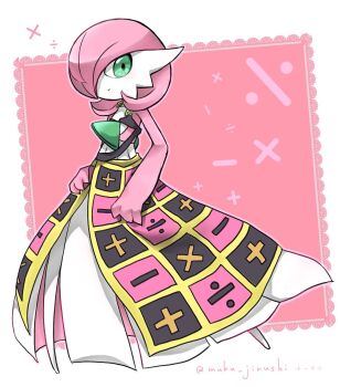 alternate_color alternate_shiny_pokemon artist_name colored_skin cosplay dress gardevoir gen_3_pokemon green_eyes hair_over_one_eye highres jojo_no_kimyou_na_bouken looking_at_viewer muku_jirushi multicolored_skin nintendo pink_background pink_hair pink_skin pokemon pokemon_(creature) trish_una trish_una_(cosplay) two-tone_skin vento_aureo white_dress white_skin
