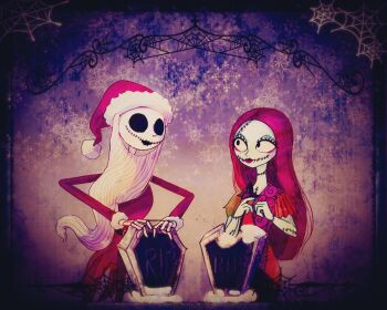 1boy 1girl darkjack618 formal_clothes hat jack_skellington jacket long_hair long_sleeves patchwork_skin pinstripe_pattern pinstripe_suit sally_(nbc) santa_costume santa_hat skeleton smile stitched_face stitches striped_clothes suit the_nightmare_before_christmas