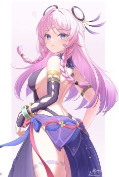 1girl asymmetrical_gloves backless_leotard bare_back bare_shoulders black_gloves black_leotard blush braid breasts citlali_(genshin_impact) commentary_request facial_mark fingerless_gloves forehead_mark from_behind genshin_impact gloves hair_ornament highleg highleg_leotard highres leotard long_hair looking_at_viewer looking_to_the_side multicolored_hair pink_hair purple_hair revision sideboob signature skirt solasuna solo triangle triangle_facial_mark twin_braids twitter_username uneven_gloves very_long_hair