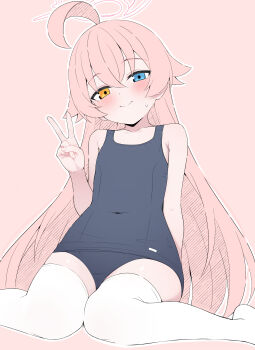 1girl absurdres ahoge blue_archive blue_eyes blush commentary_request flat_chest halo heterochromia highres hoshino_(blue_archive) long_hair looking_at_viewer mistel_(sukebemistel) one-piece_swimsuit pink_hair revision school_swimsuit simple_background solo swimsuit thighhighs v white_thighhighs