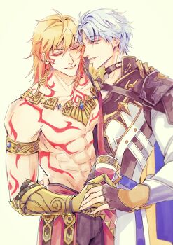 2boys absurdres antenna_hair arm_tattoo armlet armor black_choker black_coat black_gloves black_shirt blonde_hair braid chest_tattoo choker clawed_gauntlets closed_eyes coat commentary cup earrings english_commentary facial_tattoo fingerless_gloves gloves gold_earrings gold_necklace gradient_hair hand_on_another's_shoulder highres holding holding_cup honkai:_star_rail honkai_(series) jewelry keyade male_focus medium_hair multicolored_hair multiple_boys mydei_(honkai:_star_rail) neck_tattoo necklace open_clothes open_coat parted_bangs pauldrons phainon_(honkai:_star_rail) red_hair red_tattoo shirt short_hair shoulder_armor side_braid single_pauldron tattoo white_coat white_hair yaoi