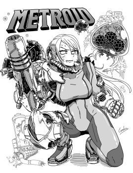 1girl absurdres arm_cannon armor bodysuit breasts broken_armor clenched_teeth commentary copyright_name full_body galois gauntlets greyscale highres impossible_bodysuit impossible_clothes large_breasts long_hair metroid metroid_(creature) monochrome nintendo on_one_knee ponytail samus_aran signature single_gauntlet solo sweat teeth weapon zero_suit