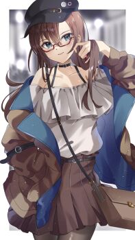 Rule 34 | 1girl, @shun, blue eyes, brown hair, glasses, hat, highres, long hair, looking at viewer, makinami mari illustrious, neon genesis evangelion, open clothes, skirt, solo