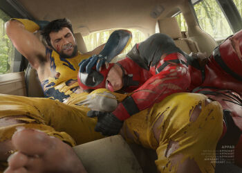 2boys appas arm_up armpit_hair armpits artist_name bara beard black_gloves blood blood_on_face blue_gloves bluesky_username bodysuit brown_hair bulge car_interior commentary deadpool deadpool_&amp;_wolverine deadpool_(series) english_commentary erection erection_under_clothes facial_hair feet gloves half-closed_eyes head_grab highres instagram_username large_pectorals leg_hair licking licking_through_clothes male_focus male_underwear marvel marvel mask multiple_boys muscular muscular_male nipples patreon_username pectorals red_bodysuit red_mask short_hair sitting sleeveless smirk teeth toes tongue tongue_out torn_bodysuit torn_clothes twitter_username underwear wolverine_(x-men) x-men yaoi yellow_bodysuit