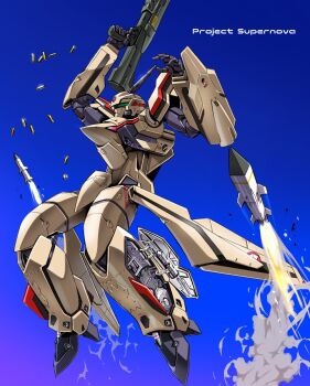 arm_shield arms_up assault_visor battroid blue_sky clear_sky commentary_request english_text flying full_body gun gunpod highres holding holding_gun holding_weapon macross macross_plus mecha mecha_focus military_vehicle missile no_humans open_hand radio_antenna robot roundel science_fiction shell_casing sky solo suzutsuki_kurara u.n._spacy variable_fighter weapon yf-19