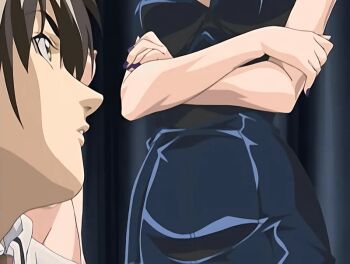 00s 1boy 2006 2girls animated animated_gif anime_screenshot bare_shoulders bible_black bible_black_black_sacrifice bible_black_night_of_the_walpulgiss blonde_hair blue_eyes breasts bustier cross cross_earrings crossed_arms earrings high_ponytail jewelry kitami_reika large_breasts lipstick makeup minase_taki multiple_girls nail_polish nurse ponytail purple_eyes purple_nail_polish saeki_kaori school_nurse short_hair tagme witch