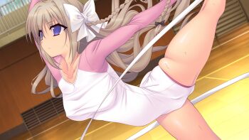 1girl arched_back athletic_leotard blue_eyes bow braid breasts brown_hair collarbone covered_erect_nipples dutch_angle game_cg genseishinki_sacred_virth gym gymnastics hair_bow indoors large_breasts leg_lift leg_up leotard long_hair long_sleeves non-web_source official_art outstretched_arms purple_eyes ribbon side_braid skindentation solo standing standing_on_one_leg sweat taut_clothes tierna_aeride_throne twin_braids variant_set very_long_hair white_leotard wooden_floor yuugure_pairo