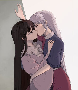 Rule 34 | 2girls, blue dress, bow, bowtie, braid, brown eyes, brown hair, closed eyes, commentary request, dress, facing another, grey hair, highres, houraisan kaguya, kiss, long hair, long sleeves, looking at another, missing headwear, mochimo-cheese, multi-source commentary, multiple girls, pink shirt, red dress, red skirt, shirt, single braid, skirt, touhou, two-tone dress, very long hair, white bow, white bowtie, wide sleeves, yagokoro eirin, yuri