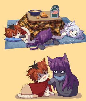 absurdres animal animalization artist_name biting_another&#039;s_tail black_hair cat clothed_animal commentary_request fern_(sousou_no_frieren) food frieren fruit highres j_humbo kotatsu long_hair mimic mimic_chest orange_(fruit) signature sousou_no_frieren stark_(sousou_no_frieren) table tail under_kotatsu under_table