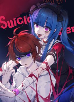 Rule 34 | 1boy, 1girl, absurdres, ahoge, amemiya darumi, bandaged arm, bandages, black bow, black hair, black hairband, black shirt, black skirt, blue eyes, blue hair, bow, chin piercing, chinese commentary, choker, commentary request, crying, crying with eyes open, drawstring, english text, face piercing, facepaint, hair between eyes, hair bow, hairband, highres, hood, hood down, hoodie, long hair, multicolored hair, open mouth, painttool sai (medium), piercing, pink eyes, red choker, red hair, ringo (linyu1006), safety pin, sailor collar, sailor shirt, school uniform, serafuku, shaded face, shirt, short hair, short sleeves, skirt, smile, streaked hair, sumino takumi, sweat, tears, the hundred line -last defense academy-, tongue, tongue out, twintails, two-tone hair, variant set, white hoodie, white sailor collar, wristband