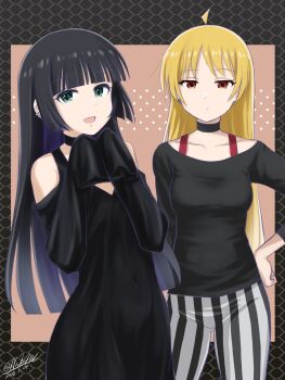 2girls ahoge black_dress black_hair black_shirt blonde_hair bocchi_the_rock! collarbone dated dress ear_piercing flick_(sal23) hand_on_own_hip hashtag-only_commentary highres ijichi_seika jitome looking_at_viewer multiple_girls open_mouth pa-san pants piercing shirt signature sleeves_past_fingers sleeves_past_wrists striped_clothes striped_pants