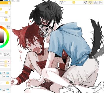 2boys art_program_in_frame black_hair blue_hoodie braid cat_boy dog_boy drooling fang feral_instincts highres hood hood_down hoodie layered_shirt layered_sleeves long_sleeves maeno_aki male_focus multiple_boys muzzle_(mask) open_mouth paint_chat_(medium) red_eyes red_hair saliva shirt shirt_under_shirt short_over_long_sleeves short_sleeves shorts side_braid simple_background skin_fang skya1127 striped_clothes striped_shirt sweat tail tail_wagging tsugino_haru v-shaped_eyebrows white_background white_shirt white_shorts yaoi zeno_(game)