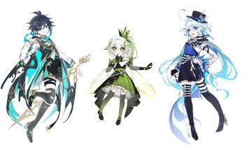 1boy 2girls absurdres ahoge alternate_costume alternate_universe antenna_hair bandaged_leg bandages black_boots black_gloves black_shorts black_skirt black_socks blue_eyes boots braid butterfly_hair_ornament chinese_commentary closed_mouth covering_own_mouth dress full_body furina_(genshin_impact) genshin_impact gloves glowing glowing_eyes glowing_hair gradient_hair green_dress green_eyes green_hair hair_between_eyes hair_intakes hair_ornament hand_on_own_hip hand_over_own_mouth happy hat head_tilt heterochromia highres holding holding_staff huge_ahoge index_finger_raised knee_boots long_hair long_sleeves looking_at_viewer magicrabbit49586 multicolored_eyes multicolored_hair multiple_girls nahida_(genshin_impact) open_mouth short_hair shorts side_braids side_ponytail skirt socks staff streaked_hair symbol-shaped_pupils thighs torn_clothes torn_socks venti_(genshin_impact) wavy_hair white_background white_hair wings