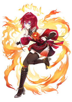 1girl akiakiyo ange_katrina arm_warmers bare_shoulders black_arm_warmers black_boots black_skirt black_thighhighs blue_eyes blush boots breasts broken_halo clothing_cutout collared_shirt commentary crossed_bangs earrings english_commentary fire flower full_body gradient_eyes grin hair_between_eyes hair_intakes hair_ornament halo high_heel_boots high_heels highres jewelry knee_boots knees_together_feet_apart lace-up_boots layered_shirt leaning_forward long_bangs looking_at_viewer medium_hair miniskirt multicolored_eyes necklace nijisanji official_alternate_costume orange_flower orange_halo orange_skirt pendant pink_eyes pleated_skirt red_hair red_shirt shirt shoulder_cutout single_earring skirt small_breasts smile solo standing standing_on_one_leg thighhighs triangle_hair_ornament virtual_youtuber white_background zettai_ryouiki