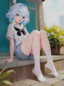 1girl :d absurdres alternate_costume backyard black_neckerchief blue_eyes blue_hair blue_shorts blush cloud cowlick drop-shaped_pupils dutch_angle fangai-anmian full_body furina_(genshin_impact) genshin_impact grey_sky hand_rest heterochromia highres house knee_up light_blue_hair looking_at_viewer neckerchief no_shoes open_mouth outdoors plant potted_plant sailor_collar sailor_shirt shirt short_shorts shorts sitting sky smile socks solo symbol-shaped_pupils white_hair white_sailor_collar white_shirt white_socks