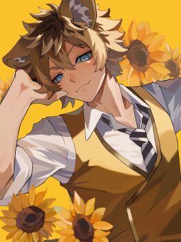 Rule 34 | 1boy, :3, absurdres, animal ear fluff, animal ears, arm up, blonde hair, blue eyes, brown hair, closed mouth, collared shirt, commentary request, double-parted bangs, dutch angle, flower, gold trim, hair between eyes, highres, hyena boy, hyena ears, male focus, multicolored hair, necktie, open collar, roku maruru, ruggie bucchi, shirt, short hair, simple background, sleeves rolled up, striped clothes, striped necktie, sunflower, twisted wonderland, vest, white shirt, wing collar, yellow background, yellow flower, yellow vest