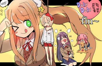 Rule 34 | &gt; &lt;, &gt; o, 4girls, ;q, barefoot, blood, blue skirt, blush, blush stickers, bow, breasts, bright pupils, brown hair, brown jacket, brown vest, closed eyes, collared shirt, copyright name, cupcake, doki doki literature club, doki doki literature club school uniform, flying sweatdrops, food, green eyes, hair bow, hair intakes, hair ribbon, hanged, highres, holding, holding knife, jacket, kneeling, knife, large breasts, long hair, long sleeves, luke (dydansgur), monika (doki doki literature club), multiple girls, natsuki (doki doki literature club), neck ribbon, official alternate costume, one eye closed, pink hair, ponytail, purple hair, red bow, red ribbon, red shorts, ribbon, rope, sayori (doki doki literature club), school uniform, shirt, short twintails, shorts, skirt, speech bubble, spoilers, stab, star (symbol), suicide, tehepero, tongue, tongue out, trembling, twintails, vest, vomit, vomiting, white pupils, white shirt, yuri (doki doki literature club)