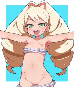 1girl :d armpits bare_arms bare_shoulders big_hair bikini bikini_bottom_pull bikini_top_pull blonde_hair blue_background border breasts cleft_of_venus collarbone cowboy_shot drill_hair dripping fang frilled_bikini frills green_eyes half-closed_eyes light_blush long_hair looking_at_viewer luna_platz_(mega_man) mega_man_(series) mega_man_star_force_(series) muchipo navel nipples open_mouth outside_border outstretched_arms pussy simple_background small_breasts smile solo swept_bangs swimsuit teeth twin_drills upper_teeth_only wet white_bikini