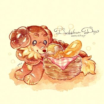 Rule 34 | :p, animal focus, bagel, black eyes, bread, brown fur, commentary, dachsbun, dated, dog, food, food as ears, full body, highres, loaf of bread, looking at object, lying, miketoevecan, nintendo, no humans, on stomach, pokemon, pokemon (creature), pokemon focus, simple background, solo, symbol-only commentary, tongue, tongue out, yellow background, yellow fur