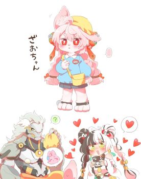 1boy 2girls :d ? animal_ear_fluff animal_ears animal_feet animal_hands banyue_(zenless_zone_zero) barefoot black_skirt blue_shirt blush braid cellphone character_name commentary_request dialyn_(zenless_zone_zero) hair_ornament hat heart highres holding holding_phone humanoid_robot kindergarten_uniform long_hair miniskirt multicolored_hair multiple_girls open_mouth phone pink_hair rabbit_ears rabbit_girl rebecca_(keinelove) red_eyes robot robot_boy shirt simple_background skirt smartphone smile speech_bubble sphere_hair_ornament split-color_hair spoken_heart spoken_question_mark thick_eyebrows twin_braids white_background white_hair yellow_bag yellow_eyes yellow_hat zenless_zone_zero zhao_(zenless_zone_zero)