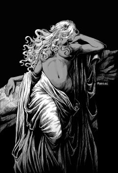 1boy absurdres breasts breasts_apart closed_eyes commentary covered_navel curly_hair dark-skinned_female dark_background dark_skin elden_ring elden_ring_nightreign english_commentary greyscale hair_over_breasts highres hirotoart long_hair monochrome open_clothes open_robe parted_lips recluse_(elden_ring) robe solo stomach topless_female