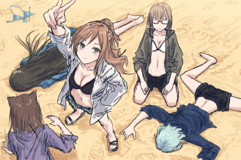5girls aqua_hair arm_up bang_dream! bang_dream!_girls_band_party! beach bikini bikini_top_only black_bikini black_hair black_shorts blue_bikini blue_jacket blue_shorts breasts brown_eyes brown_hair brown_jacket cleavage closed_mouth collarbone commentary cone_hair_bun crawling footprints frown glasses hair_bun hair_ears half_updo hanazono_tae highres hikawa_hina imai_lisa jacket jacket_over_swimsuit legs_apart legs_together long_hair looking_at_viewer lying medium_breasts multiple_girls navel on_stomach opaque_glasses open_clothes open_jacket ponytail purple_jacket red-framed_eyewear revision sand sandals seiza semi-rimless_eyewear short_hair short_shorts shorts sitting smile standing stomach straight_hair swimsuit toyama_kasumi translation_request under-rim_eyewear unworn_bikini_top v victory white_bikini white_jacket yamato_maya yukitake_(bullfalk)