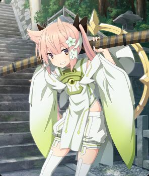 1girl architecture black_bow bow brown_eyes cosplay day detached_sleeves east_asian_architecture flower game_cg green_flower green_shirt green_shorts grin hair_bow hair_flower hair_horns hair_ornament huge_weapon inubouzaki_itsuki inubouzaki_itsuki_(cosplay) katana leaning_forward long_hair looking_at_viewer magical_girl mashiko_kaoru official_art outdoors over_shoulder pink_hair railing sheath sheathed shirt shorts sidelocks sleeveless sleeveless_shirt smile solo stairs stone_lantern stone_stairs stone_walkway sword third-party_source toji_no_miko toji_no_miko:_kizamishi_issen_no_tomoshibi tree twintails weapon weapon_over_shoulder wide_sleeves yuuki_yuuna_wa_yuusha_de_aru yuusha_de_aru