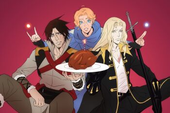 1girl 2boys alucard_(castlevania) beard blonde_hair blue_eyes brown_hair castlevania:_curse_of_darkness castlevania_(netflix) castlevania_(series) castlevania_iii:_dracula's_curse dhampir facial_hair half-human highres long_hair multiple_boys ralph_c_belmont smile sword sypha_belnades undead vampire weapon white_hair