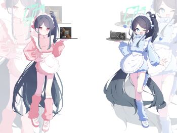2girls 525_woiwo :d absurdly_long_hair absurdres ahoge alternate_costume amd amd_ryzen apron aris_(blue_archive) aris_(maid)_(blue_archive) back_bow bandaid bandaid_on_knee bandaid_on_leg bandaid_on_thigh black_hair blue_archive blue_eyes blue_hair blue_halo blue_jacket blue_socks bow brand_name_imitation closed_mouth commentary english_commentary enmaided frilled_apron frills full_body geforce_rtx_4090 gradient_hair graphics_card halo hand_on_own_hip heart high_ponytail highres holding holding_tray jacket jersey_maid kei_(blue_archive) kneehighs long_hair looking_at_viewer loose_socks maid maid_apron maid_headdress multicolored_hair multiple_girls nvidia one_eye_closed open_mouth pink_eyes pink_jacket pink_socks ponytail rectangular_halo ringed_eyes shoes simple_background smile sneakers socks standing tenshi_kaiwai track_jacket tray unconventional_maid very_long_hair waist_apron white_background white_bow white_footwear zoom_layer