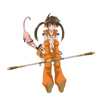 00s 1girl brown_eyes brown_hair elf flat_chest forest_keeper_nowa full_body highres hirata_katsuzou long_hair monkey nowa_(queen's_blade) nowa_(queen's_blade) official_art pointy_ears queen's_blade revealing_clothes ruu_(queen's_blade) simple_background skirt solo staff twintails