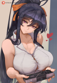 1girl araneesama black_hair breasts bursting_breasts button_gap cleavage closed_mouth collared_shirt commentary english_commentary female_focus geforce_rtx_5090 hair_between_eyes hair_ribbon head_tilt heart high_school_dxd highres himejima_akeno large_breasts long_hair looking_at_viewer orange_ribbon paid_reward_available patreon_logo patreon_username ponytail purple_eyes ribbon shirt sleeveless sleeveless_shirt smile solo watermark web_address white_shirt