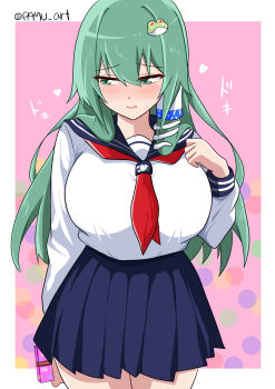 1girl absurdres arm_behind_back black_skirt blue_sailor_collar blush breasts chocolate embarrassed gift green_eyes green_hair hair_ornament hair_tubes happy_valentine highres holding holding_gift kochiya_sanae large_breasts long_hair long_sleeves neckerchief pamu_art pink_background pleated_skirt red_neckerchief sailor_collar school_uniform serafuku shirt skirt smile snake_hair_ornament solo touhou twitter_username valentine white_background white_shirt