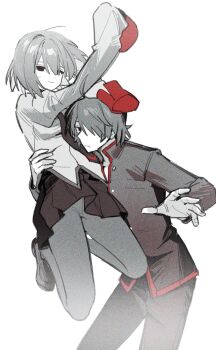 Rule 34 | 1boy, 1girl, :/, ahoge, araragi koyomi, arm around waist, arms up, black eyes, black jacket, black pants, black skirt, bob cut, breasts, carrying, carrying person, chinese commentary, closed mouth, commentary, commission, cowboy shot, empty eyes, expressionless, feet up, film grain, gakuran, hair between eyes, hair over one eye, hand on another's head, hand on another's waist, high collar, highres, jacket, juliet sleeves, light smile, lizi jiang, loafers, long sleeves, loose hair strand, monogatari (series), naoetsu high school uniform, narrowed eyes, oshino ougi, pants, pantyhose, pleated skirt, puffy sleeves, reaching, reaching towards viewer, red trim, school uniform, second-party source, shoes, short hair, skirt, sleeves past fingers, sleeves past wrists, small breasts, smile, spot color, standing, sweatdrop, white background