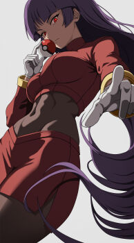 1girl absurdres blunt_bangs bodysuit bodysuit_under_clothes breasts cropped_jacket from_below gloves highres hime_cut holding holding_poke_ball jacket long_hair long_sleeves looking_at_viewer medium_breasts miniskirt nintendo pencil_skirt poke_ball poke_ball_(basic) pokemon pokemon_frlg purple_hair red_eyes red_jacket red_skirt sabrina_(pokemon) serious side_slit skirt solo straight_hair turtleneck turtleneck_jacket vivivoovoo white_background white_gloves