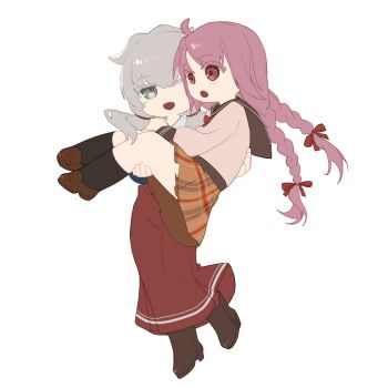 Rule 34 | black socks, braid, carrying, chinese commentary, commentary request, full body, grey hair, himuro lavi, kui kui jiang, magia record: mahou shoujo madoka magica gaiden, mahou shoujo madoka magica, one eye closed, open mouth, partial commentary, pink hair, plaid clothes, plaid skirt, princess carry, red eyes, red skirt, satomi nayuta, simple background, skirt, socks, transparent background, twin braids