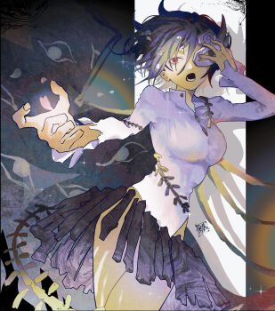 1girl abstract_background absurdres asymmetrical_wings black_hair black_skirt black_wings bone breasts cowboy_shot feathered_wings fossilized_wonders half_mask hand_on_own_face highres iwanaga_ariya large_breasts long_sleeves mask mochitose_aguri open_mouth red_eyes rock shirt short_hair signature skeletal_tail skeletal_wings skirt solo tail touhou white_shirt wings