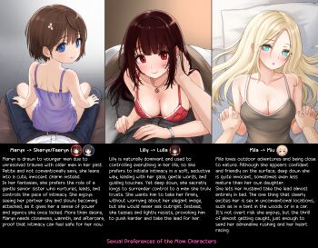 3boys 3girls :q absurdres bed belt black_camisole black_pants black_shirt blonde_hair blue_eyes blue_pants blush bra bracelet breasts brown_hair camisole cleavage comodox english_text gem green_eyes hand_on_another's_face highres holding_hands jewelry lilly_(comodox) long_hair lying maryn_(comodox) mature_female mila_(comodox) multiple_boys multiple_girls multiple_views necklace on_back on_stomach open_mouth original pants pillow pov red_bra red_eyes shirt short_hair sitting sitting_on_lap sitting_on_person smile tongue tongue_out under_covers underwear white_shirt