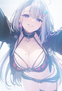 1girl bikini black_choker black_jacket black_shorts blue_eyes breasts choker cleavage commentary cutlass_(classic_chocolate) earrings ember_amane english_commentary grey_hair highres jacket jewelry large_breasts long_hair mole mole_on_breast navel open_clothes open_jacket phase_connect short_shorts shorts smile solo swimsuit thighs virtual_youtuber